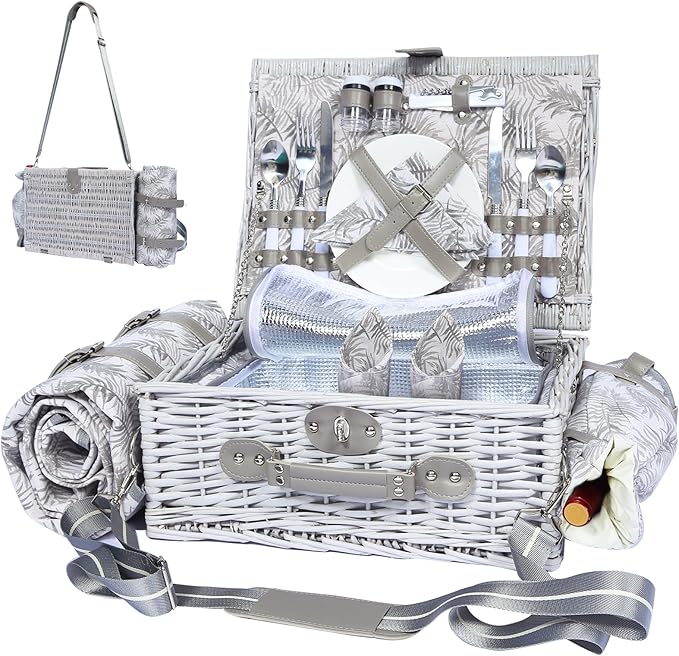 Picnic Basket for 2 with Blanket, Willow Picnic Basket Set with Shoulder Strap&Wine Pouch, Large Willow Hamper with Insulated Cooler for Outdoor, Camping, Beach, Couples, Wedding Gift