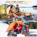 Propane or Butane Stove, Dual Fuel Propane Stove for Camping, 10,000 BTU Automatic Ignition Portable Gas Stove with Carrying Case & Windblocker & Griddle for Hiking(Fuel Not Included)
