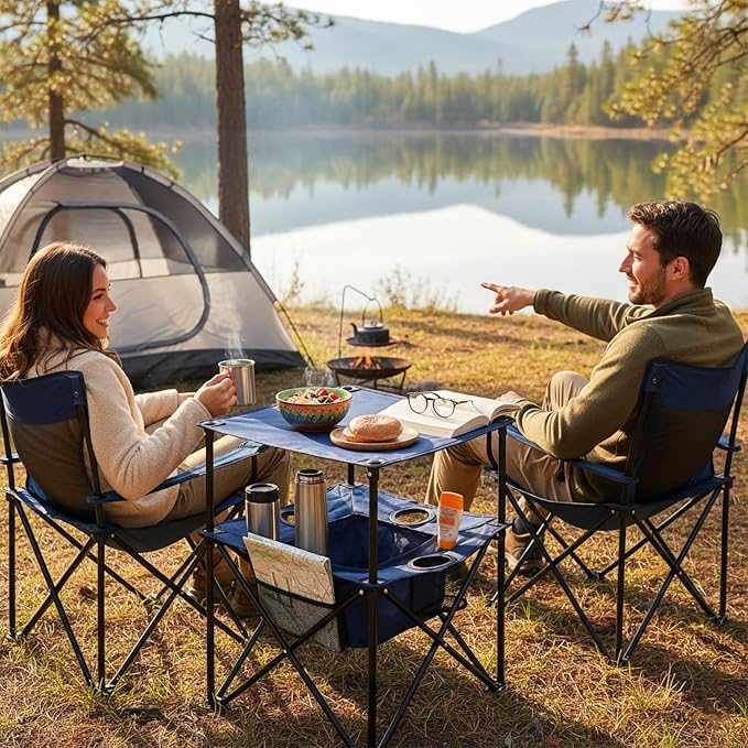 Portable Folding Camping Table with Cup Holders – Lightweight & Compact 2-Tier Outdoor Table with Storage, Ideal for Card Games, Snacks, Picnic, Tailgating & Camping (Navy Blue)