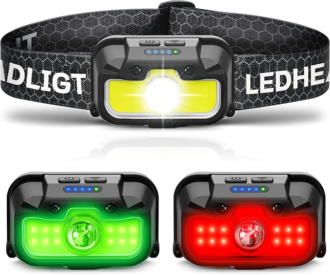 LED Headlamp Rechargeable with Green & Red Light -1300 Lumen Ultra-Bright Flashlight Headlight for Camping, Running, Hiking, Fishing - Waterproof with 7 Modes