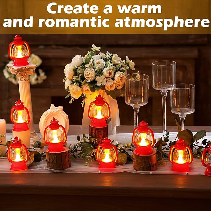 Ferraycle 12 Pcs Mini Lantern Decor 4 Inch Western Lantern Table Centerpiece Small Vintage Camping Hanging Lamp Ornaments Bulk for Cowboy Cowgirl Wedding Halloween Christmas (4 Inch,Red)