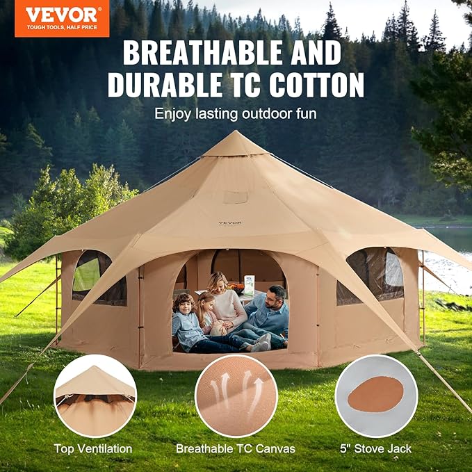 VEVOR Canvas Tent Bell, Yurt 4 Seasons for Camping with Stove Jack, Breathable Holds up to 4 People, Family Camping Outdoor Hunting Party