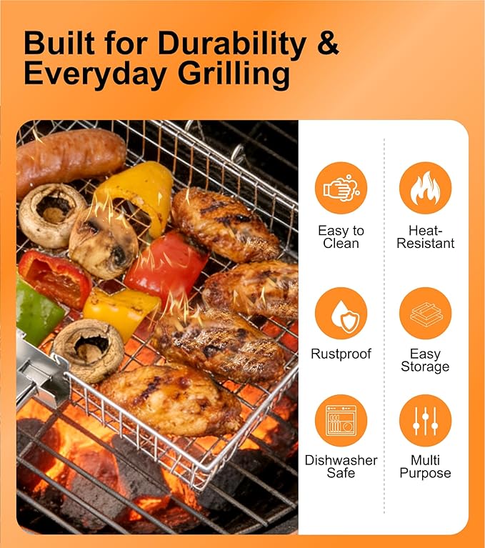 Grill Basket Set for Outdoor Grilling - Large Capacity Fish Grill Basket & Grilling Rack - Food Grade Stainless Steel Portable Flat Basket with Removable Handle for Vegetables, Shrimp & Camping (M+S)