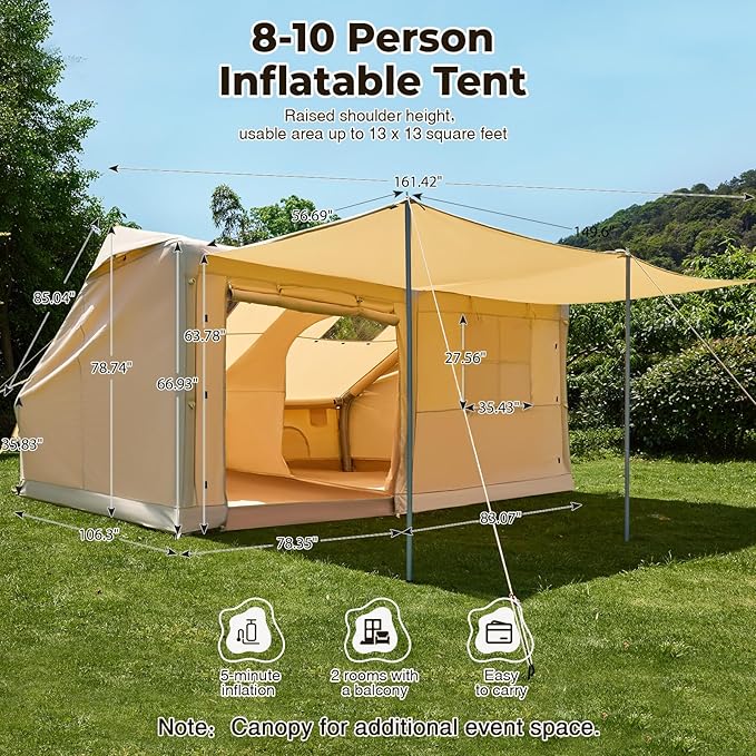YOLENY Inflatable Tents for Camping, 6-12 Person Blow Up Tent with TPU Skylight, Canopy, Mesh Windows, Stove Jack & Pump, 4 Season Large Inflatable Tent, Waterproof & Windproof