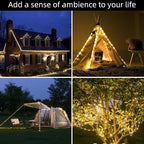 Solar Camping String Lights, 39Ft 120LED Stowable String Lights with 8 Lighting Modes, USB Rechargeable, IP64 Waterproof Solar String Lights for Outdoor, Indoor, Home, RV, Garden, Patio, Warm White