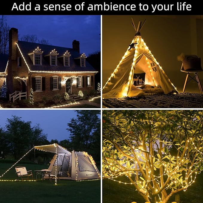 Solar Camping String Lights, 39Ft 120LED Stowable String Lights with 8 Lighting Modes, USB Rechargeable, IP64 Waterproof Solar String Lights for Outdoor, Indoor, Home, RV, Garden, Patio, Warm White