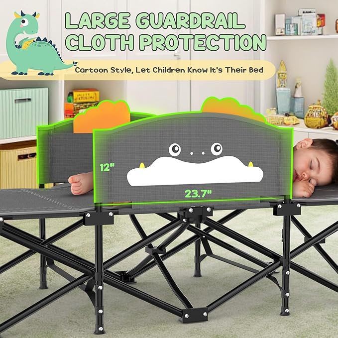Slendor Toddle Cot, Toddler Portable Bed w/Cartoon Handrail, Blanket (5ft x 4ft), Folding Toddler Cots for Camping, Travel Bed, Extra Long Cot Length 56", Support 330 Lbs, Gray