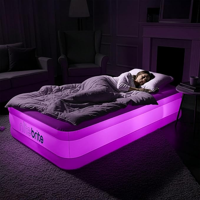 AirCandy Nite Brite Twin Inflatable Air Mattress with LED Lights – 15” Raised Blow Up Bed, USB Powered Color-Changing Glow, Flocked Top, Guest & Sleepover Bed