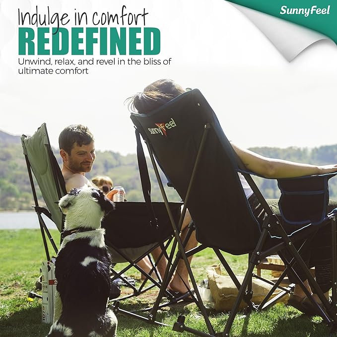 SUNNYFEEL Oversized Rocking Camping Chair, Fully Padded Patio Chair with Side Pocket, High Back Portable Lawn Recliner with Headrest, Outdoor Camp Rocker Chairs for Adults Heavy Duty 500 LBS Carry Bag