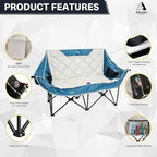 Double Camping Chair, Padded Oversized Camping Loveseat for Adults 2 Person Couch Two Seat Support 600LBS Heavy Duty Folding Camp Lawns Chairs for Outdoor Beach Backyard Tailgating Sports
