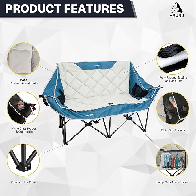 Double Camping Chair, Padded Oversized Camping Loveseat for Adults 2 Person Couch Two Seat Support 600LBS Heavy Duty Folding Camp Lawns Chairs for Outdoor Beach Backyard Tailgating Sports