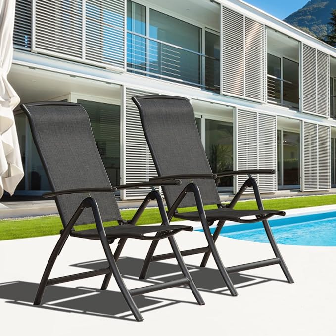 Domi Patio Outdoor Sling Chairs Set of 2, Folding Outdoor Reclining Camping Chairs with Armrest Adjustable High Backrest Portable Chair