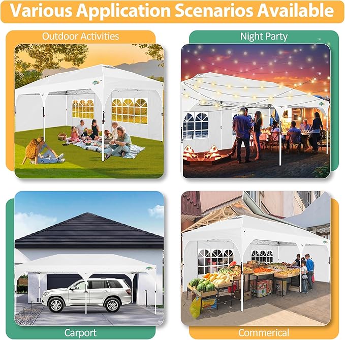 COBIZI 10x20 Pop Up Canopy: Canopy Tent with Patented Center-Lock Tech | Quick-Setup,UV-Reflective & Detachable Walls | 210D Waterproof |3 Height Adjustments for Parties,Weddings,Outdoor Events(White)