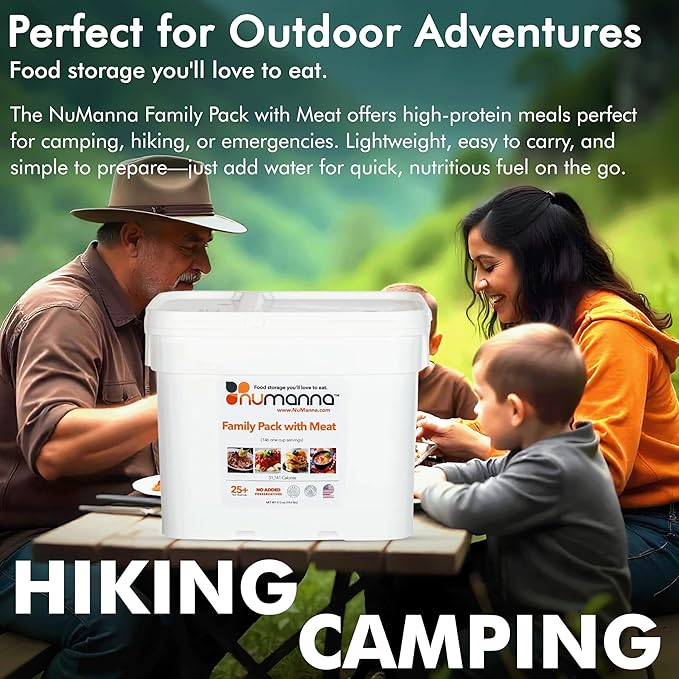 Numanna Family Pack with Meat Bucket 1,752 Servings | 12-Months Emergency Meals | Easy to Prepare for Everyday Use, Prepping & Camping | 25+ Year Shelf Life | Made in USA | Food-Grade Bucket