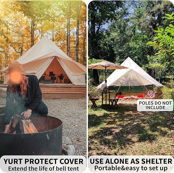 DANCHEL OUTDOOR Waterproof Rain Fly for Bell Tent, 4 Season Yurt Tent Rain Cover Protector Tarp with/No Stove Jack Glamping Gears, PU5000mm Lightweight 300D Oxford Polyester, Beige(13ft/16.4ft/20ft)