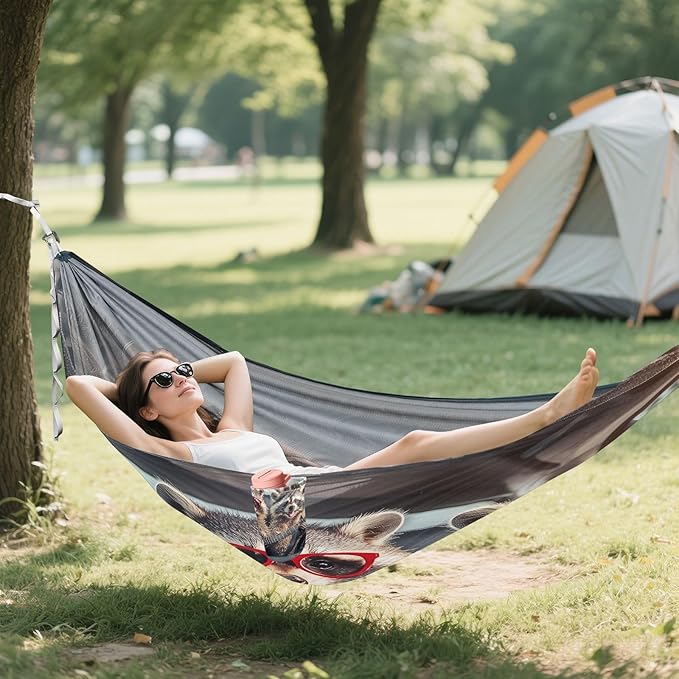 Cute Raccoons with Glasses Camping Hammock Single Portable Hammocks 330 lbs Capacity with 2 Tree Straps and Attached Carry Bag,Perfect for Outdoor,Indoor,Beach,Camping,Travel