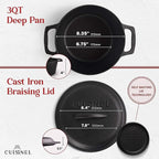 Cuisinel Cast Iron Dutch Oven - 3-Quart Deep Pot + Lid + Pan Scraper + Handle Covers - Large Pre-Seasoned Cooker for Baking Bread, Soup, Frying - Indoor/Outdoor - BBQ Cookware. PFAS and PFOA-free