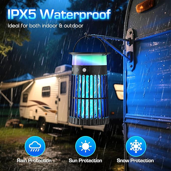 Solar Bug Zapper Outdoor, Waterproof Mosquito Zapper with RGB & Flame Light, 4200V Electric Bug Zapper Indoor, 4000mAh Rechargeable Mosquito Killer Fly Zapper Trap for Patio Backyard Kitchen Camping