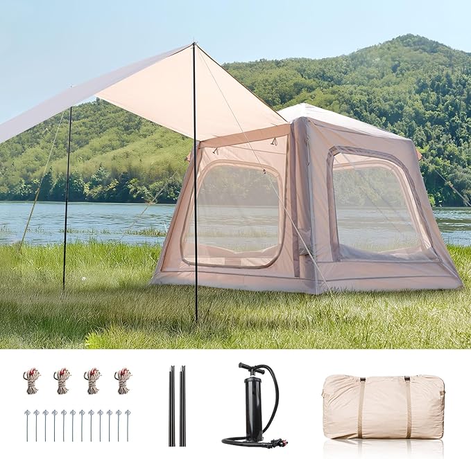 Inflatable Tents for Camping, Blow Up Tent with Hand Pump, Easy Setup Inflatable Hot Tent with Stove Jack, Waterproof Oxford Air Glamping Tents for Camping Adult 4 Person Upgrade Version