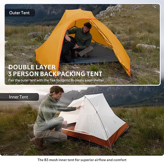 Naturehike Cloud Up 3 Person Backpacking Tent with Footprint - 3 Season Free Standing Lightweight 3 Person Camping Tent | with Footprint, Free Standing, Dome, Camping, Hiking, Waterproof