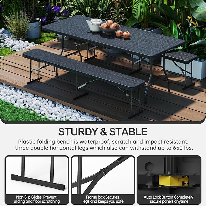 6 Foot Folding Bench, Portable Plastic Folding Bench Seat, Foldable Seat for Indoor Outdoor Picnic Camping Dining, Soccer Garden Multipurpose Entertaining Activities, White (Black, 1 Pack)