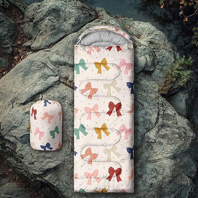Colorful Bow Sleeping Bag, 3 Season Warm Cool Weather, Hand Drawn Bow Camping Sleeping Bag for Adult, Cute Bowknot Camping Backpacking for Outdoor Traveling Hiking Hunting Gear Equipment