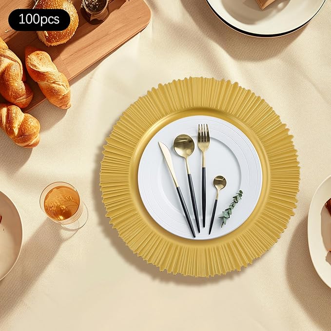 CNCEST 100 Pcs Antique Charger Plates Bulk 13 Inch Plastic Embossed Plate Chargers Round Floral Plates for Wedding Decorative Chargers for Table Dinner Kitchen Party Decoration(Gold,100PCS)