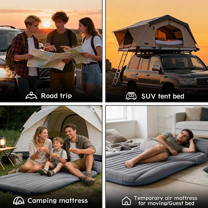SUV Air Mattress, Double-Sided Thick Flocked Car Air Mattress with Built-in Pump & Pillow, Complete Sleeping Accessories for Auto Camping & Road Trips（Light Grey）