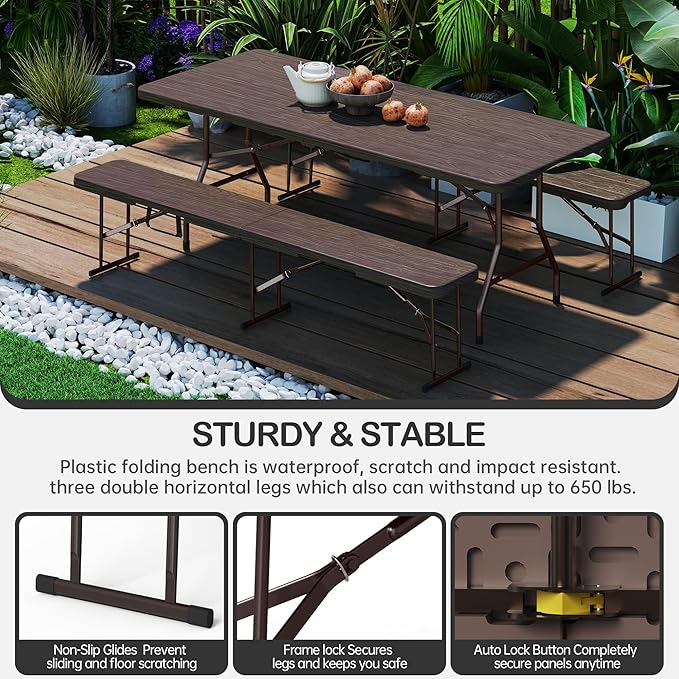6 Foot Folding Bench, Portable Plastic Folding Bench Seat, Foldable Seat for Indoor Outdoor Picnic Camping Dining, Soccer Garden Multipurpose Entertaining Activities, Brown, 2 Pack