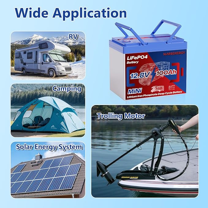 12V 100Ah Lifepo4 Battery, Bci Group 24 Size, Built-in 100A Smart BMS, 4500-15000 Deep Cycle Grade A Lithium Cells for RV Travel,Trolling Motor,Marine, Boat, Solar Panel, Camping (2 Pack)