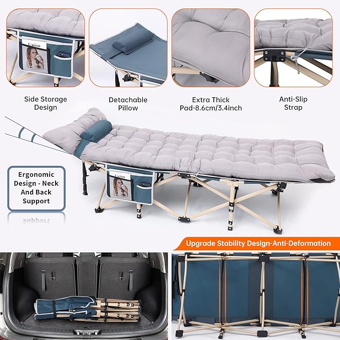 Nice C Camping Cots with Cushion, Camping Cots with Mattress, for Adults, Folding Cot, with Pillow, Carry Bag & Storage Pocket, Extra Wide Sturdy, Holds Up to 500 Lbs (1, Mattress Grey)