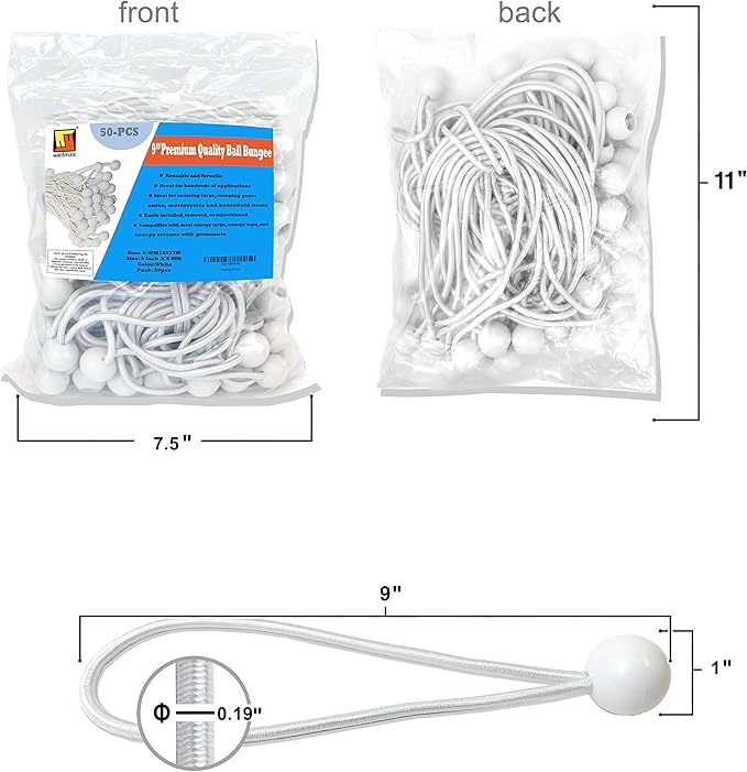 9 inch 50 Piece Heavy Duty 5mm Ball Bungee Canopy Cord by Wellmax, White Color