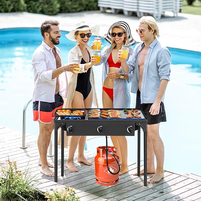 Karl home 3 Burner Propane Gas Stove for Outdoor Cooking, 225,000 BTU Camping Cooker with Removable Legs & Adjustable PSI Regulator for Backyard Cooking BBQ Baking Frying