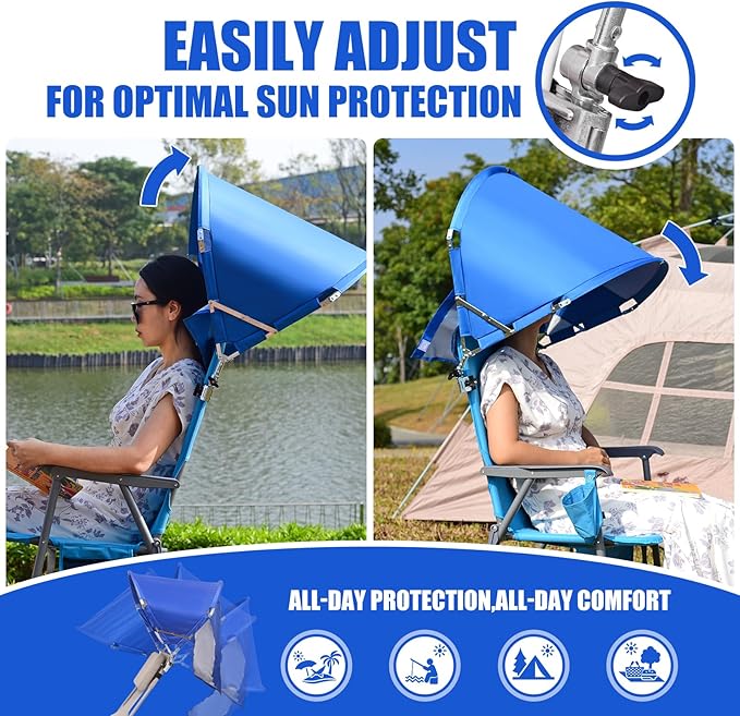 Universal Chair Umbrella Canopy, UPF 50+ Chair Sun Shade Attachment with Adjustable Clamp Fits Most Brands’ Beach, Camping, Lawn, Wheelchair, Tanning, Zero Gravity, Lounge, Fishing Chairs, 2 Pack
