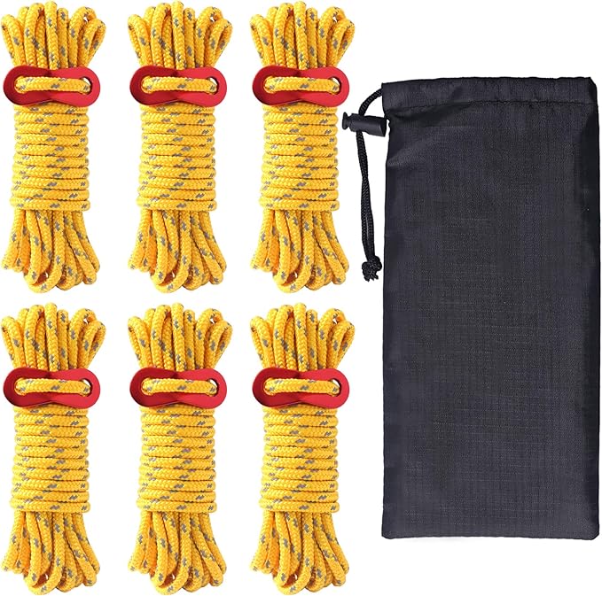 Hikeman 6 Pack 4mm Outdoor Guy Lines Tent Cords Lightweight Camping Rope with Aluminum Guylines Adjuster Tensioner Pouch for Tent Tarp, Canopy Shelter, Camping, Hiking, Backpacking