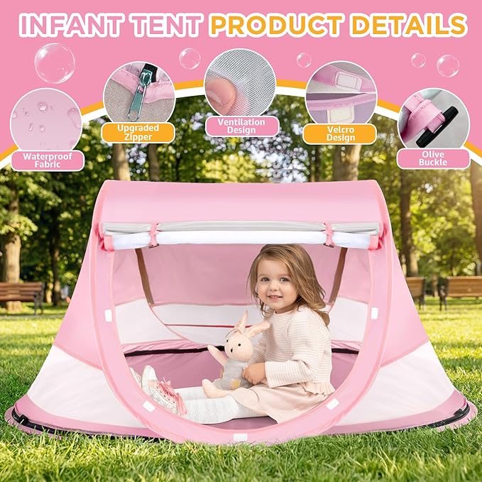Baby Beach Tent, Pop Up Beach Tent Sun Shade for Beach, UPF 50+ UV Protection Sun Shelters for Infants with Carry Bag for Outdoor Travel, Camping(Pink)