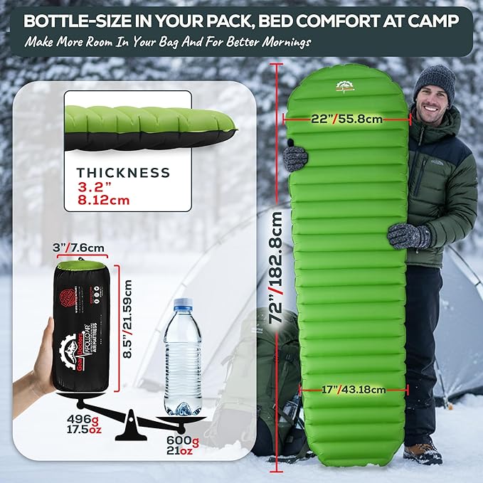 Gear Doctors ApolloAir 5.2 R-Value [17oz] Ultralight Insulated Inflatable Camping Sleeping Pad — Backpacking Sleeping Pad — Camping Mattress Compact Lightweight for Hiking—Air Mattress for Backpacking