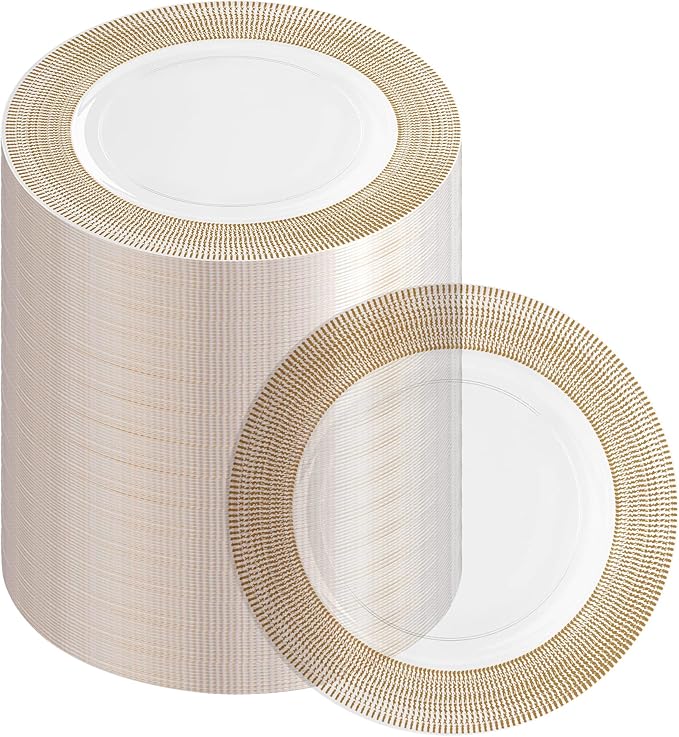 PARTY BARGAINS 13-Inch Charger Plates - 96 Pack, Clear Gold Textured Rim, Heavy-Duty Disposable Chargers for Elegant Dining - Ideal for Weddings and Formal Events