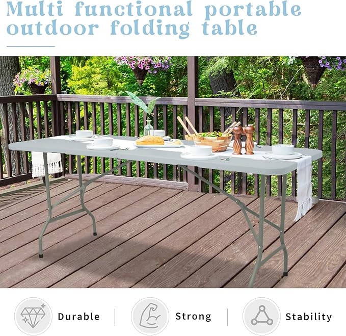 Set of 2 Folding Table 5 FT Camping Table Portable Heavy Duty Plastic Rectangular Outdoor Dining Table Steel Legs Fold-in-Half with Carrying Handle for Indoor,Picnic,Party,Wedding,Events(Grey)