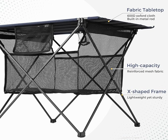 Lightweight Camping Table - Portable Folding Beach Side Table w/2 Cup Holders & Large Storage Basket, Compact Fold for Tailgate Travel Outdoor Fishing Picnic | 29.2" W x 21.7" D (Blue)