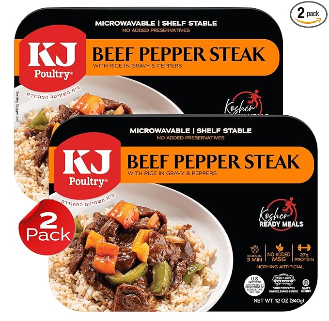 KJ Poultry Kosher Ready Meals - Beef Pepper Steak & Rice, MRE Meat Meals Ready to Eat (2 Pack) Prepared Entree Fully Cooked, Shelf Stable Microwave Dinner Travel, Military, Camping, Emergency Survival