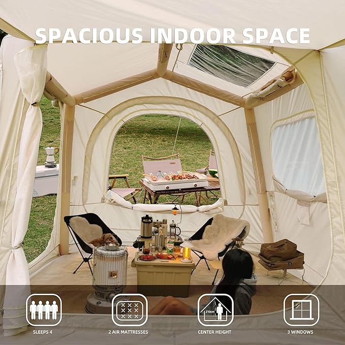 KEIKI Oxford Hot Tent for Camping, 2/3/4/6/8 Person Large Inflatable Tents w/Detachable Canopy, 4 Season Waterproof Tent for Hike Backpacking, Stove Jack AC Port, Mesh Doors Windows, Pump, Easy Setup