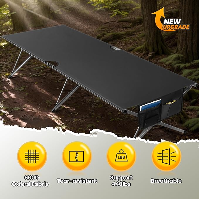 Oversized Camping Cot Foldable for Adults - Upgraded Version Easy-to-Assemble Sleeping Cots for Outdoor, Supports Campers up to 6.9ft or 450lbs, with Storage Bag, 82” L x 32” W (Black)