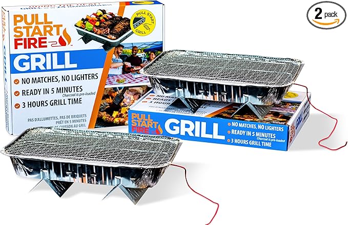 Pull Start Fire Grill | Single Use Portable Disposable Charcoal BBQ with Pull Start Matchless Ignition | Ready in 5 Min, 3 Hour Burn | Camping, Tailgating, Outdoor Cooking, No Cleanup Needed