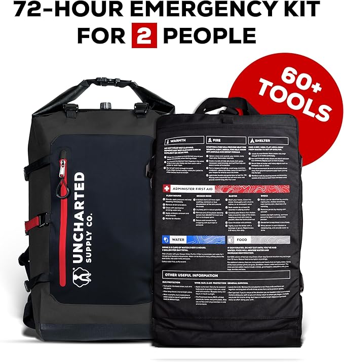 Uncharted Supply Co. The SEVENTY2® Pro 2-Person Survival System – 72 Hour Emergency Preparedness Kit with 60+ Tools for Home, Car, Camping, and Disaster Readiness – Durable Waterproof Go Bag