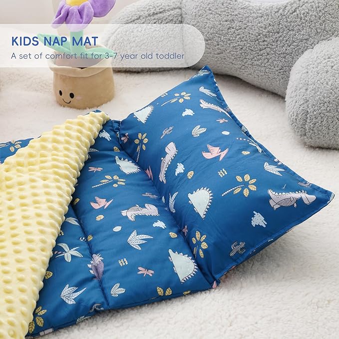 Bunnikins & Clover Toddler Nap Mat with Removable Pillow, Nap Mats for Preschool, Easy Clean Toddler Nap Pad for Kindergarten, Kids Sleeping Bag for Travel Camping