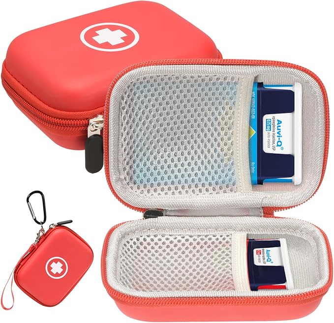 Fukumi Auvi Q Carrying Case,Portable Medicine Emergency Bag for 2 Auvi-Q Auto Injectors,Asthma Inhaler,Nasal Spray,Allergy Medicine,First Aid,Hard Travel Case with Carabiner and Lanyard,Bag Only
