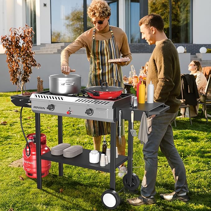 ROVSUN 2 Burner Propane Stove with Auto Ignition, 150,000 BTU Gas Stove with Side Shelves, Rolling Wheels & Regulator for Home Outdoor Backyard Camping Cooking Frying Brewing Canning