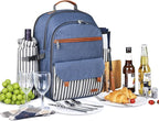 Sunflora Insulated Picnic Backpack for 2 Person Bag with Cooler Compartment, Blanket and Stainless Steel Cutlery Set for Couple, Lovers and Friends (Blue & Stripe)
