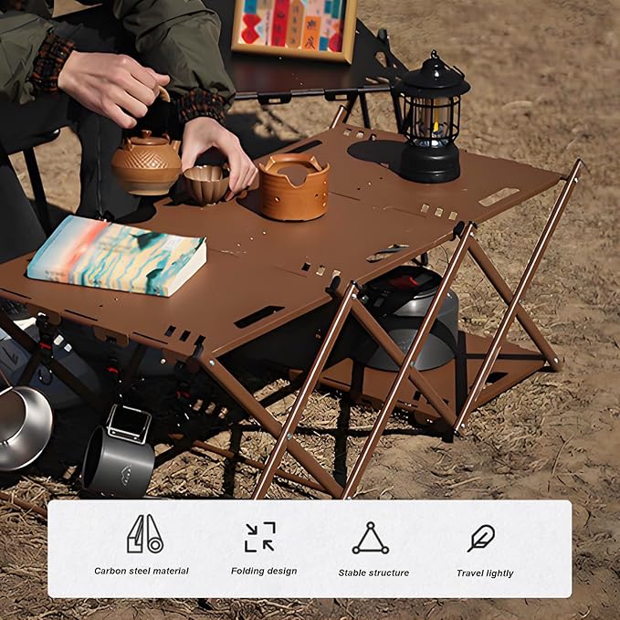 Folding Camping Table Portable Multi-Functional 4-Tier Picnic Rack Carbon Steel 37" with Storage Bag and 4 Hooks Indoor Outdoor, Heavy Duty, Portable, for Picnic, Party, Camping